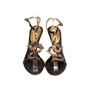 Roberto Cavalli 2000s Gold Snake Embellished Sandal Heels